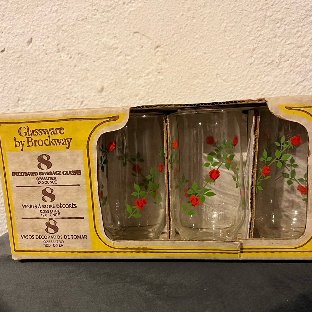 Vintage Red Vining Rose Glasses in Original Box